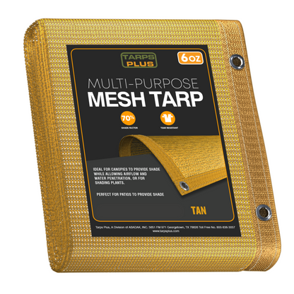 Heavy Duty Tan Poly Mesh Tarp – 70% Shade, UV Resistant, Durable & Reinforced
